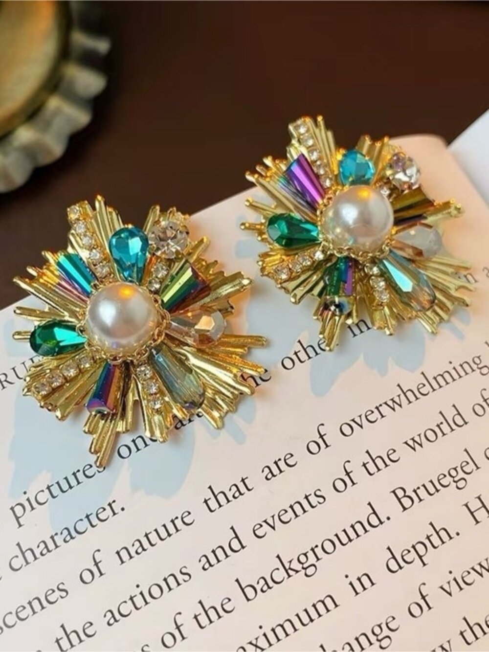 Gold Earrings with Pearl & Green-Blue Crystal Accents
